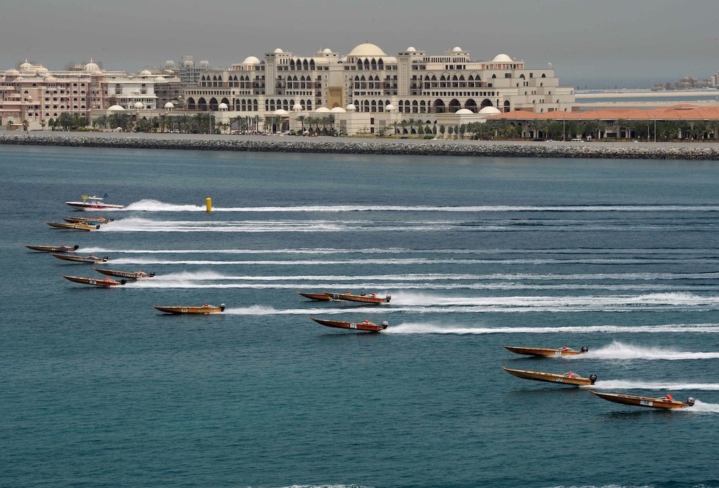 Boats racing in front of the Zabeel Saray Hotel on Jumeirah Palm - Majid Bin Mohammed Watersports Championships 2011 © DIMC